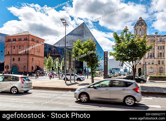 Liverpool, United Kingdom: August 02, 2018: Streetview of Georges Dock Gates street with a view on pier head in LIverpool, UK