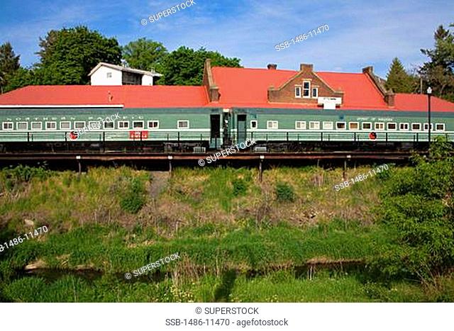 Train on a railroad track, Pufferbelly Train Depot, Pullman, Palouse Region, Spokane, Spokane County, Washington State, USA