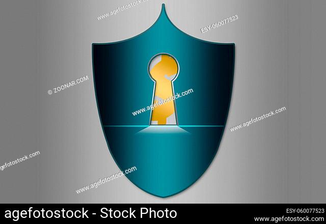 Polished shield with keyhole and dollar sign, 3D rendering