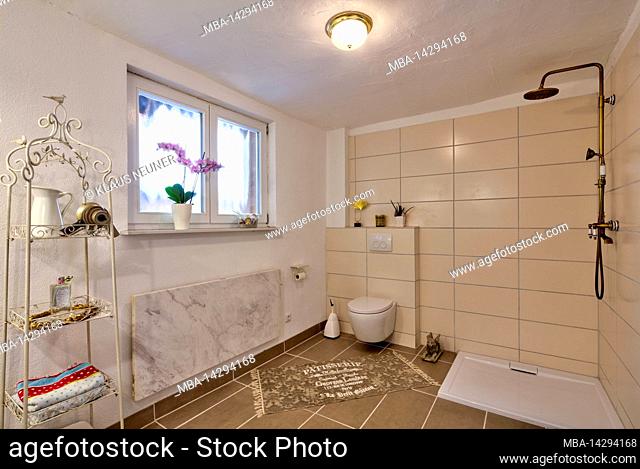 Photo reportage with text, Obere Gasse No 7, homestory, toilet, window, shower, bathroom, renovation, interior, Rothenfels, Main Spessart, Franconia, Bavaria