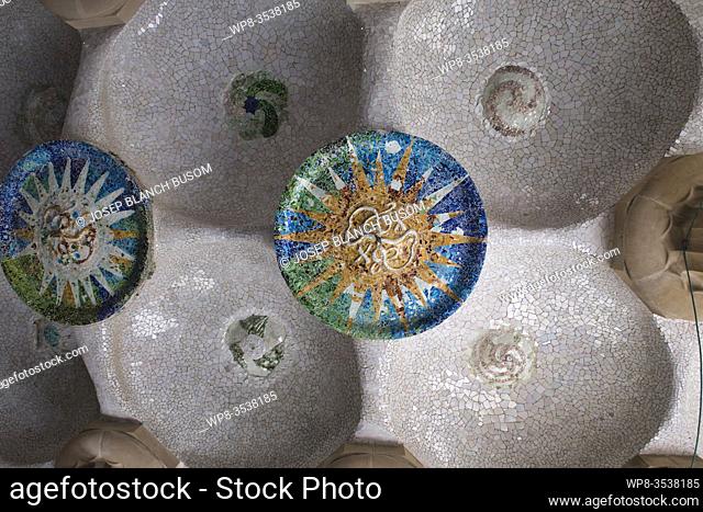 Ceiling detail of the Hall of Columns, Parc Guell, Barcelona, Catalonia, Spain