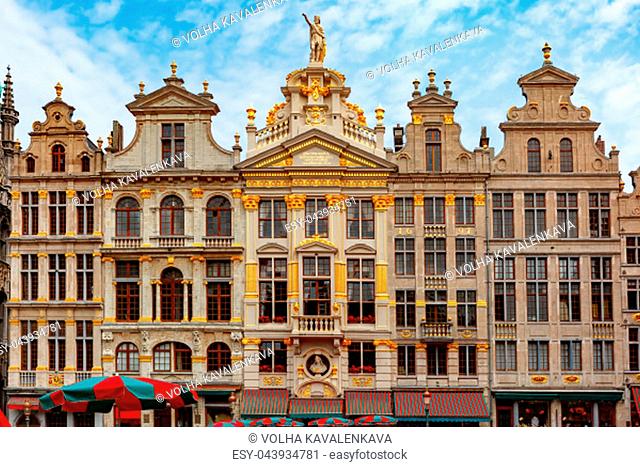 Beautiful houses of the Grand Place Square in Brussels, Belgium. From right to left L'Etoile, Le Cygne, L'Arbre d'or, La Rose, Le Mont Thabor