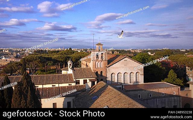Rome Colle Aventino, The Basilica of Saint Sabina seen from the Orange Garden. The basilica of Santa Sabina all'Aventino is a Catholic place of worship in the...