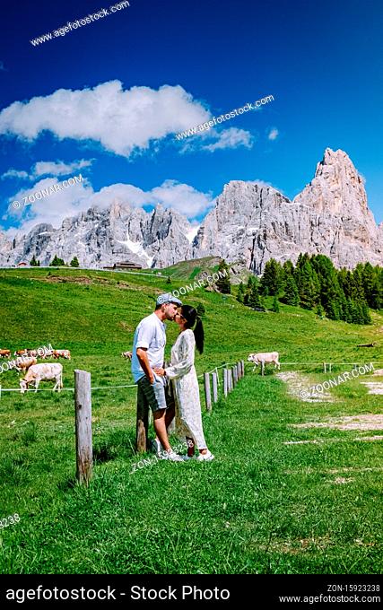 Pale di San Martino from Baita Segantini - Passo Rolle italy, Couple visit the italian Alps, View of Cimon della Pala, the best-know peak of the Pale di San...