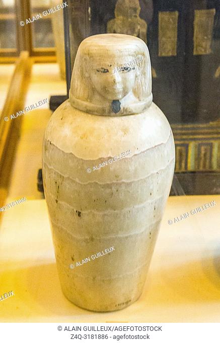 Egypt, Cairo, Egyptian Museum, from the tomb of Yuya and Thuya in Luxor : Canopic vase of Yuya, alabaster, with human head and no text