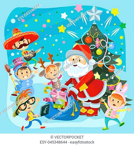 Santa Claus gives presents to cheerful kids in fancy dresses, vector cartoon  illustration, Stock Vector, Vector And Low Budget Royalty Free Image. Pic.  ESY-045348644 | agefotostock