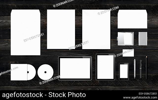 Corporate branding mockup template, isolated on black wood background