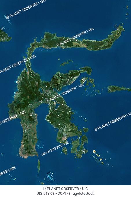 Satellite view of Sulawesi, Indonesia. This image was compiled from data acquired by Landsat satellites