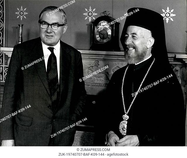 Jul. 07, 1974 - Deposed President Makarios Arrives In london And Meets Mr. Wilson: Deposed Cyprus President Archbishop Makarios flew to Britain today is on RAF...