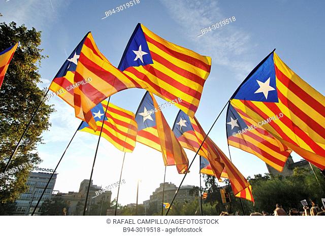 Political demonstration for the independence of Catalonia. Estelades, Catalan independent flags. October 2017. Barcelona, Catalonia, Spain