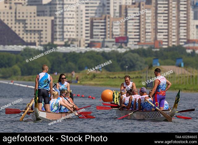 RUSSIA, MOSCOW - JULY 6, 2023: Teams are seen during the 2023 Russian Dragon Boat Racing Championships on Moskva Rowing Canal in Krylatskoye