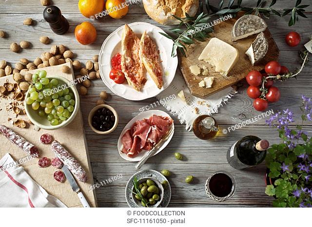 A still life of Mediterranean foodstuffs