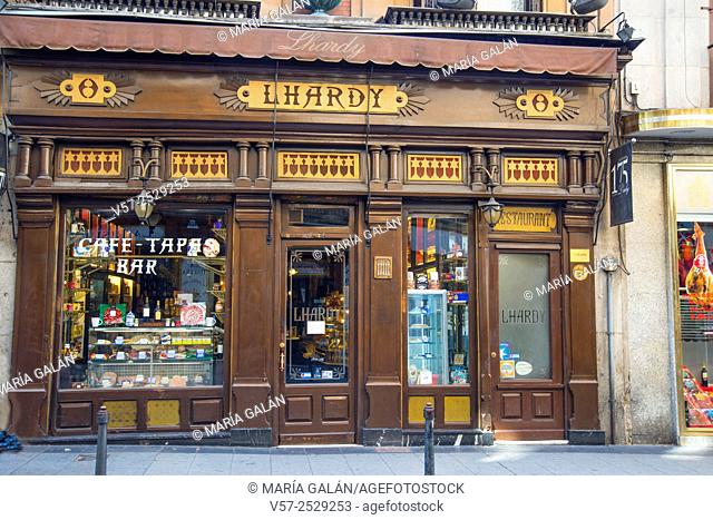 Facade of Lhardy restaurant. Carrera de San Jeronimo street, Madrid, Spain