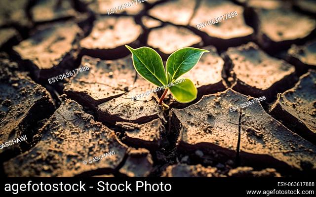 This captivating photograph captures a close-up view of a young plant emerging from the cracks in a dry, fine-grained soil