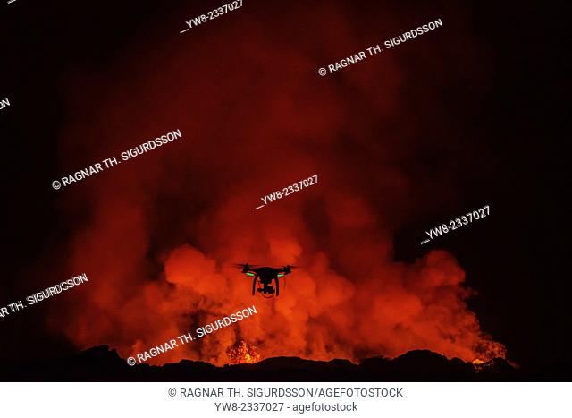 DJI Phantom 2 with GoPro, flying by the Holuhraun Fissure Eruption. August 29, 2014 a fissure eruption started in Holuhraun at the northern end of a magma...