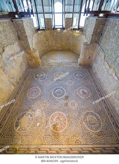 Ancient Roman mosaic, Cubiculum with the alcove, Villa Romana del Casale, UNESCO World Heritage Site, near Piazza Armerina, Province of Enna, Sicily, Italy