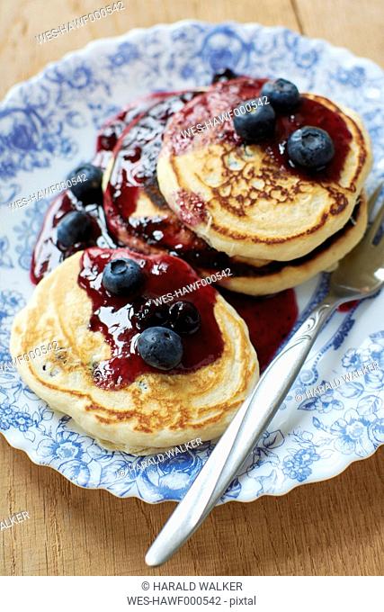 Lemon blueberry pancakes with blueberry syrup