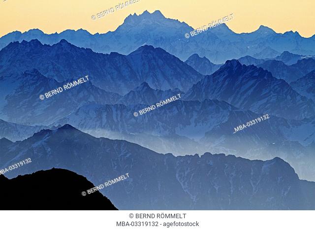 Switzerland, Appenzell, Appenzeller country, alp stone massif, Säntis, view into the direction of east, flight horn (completely behind), Piz Faschalba