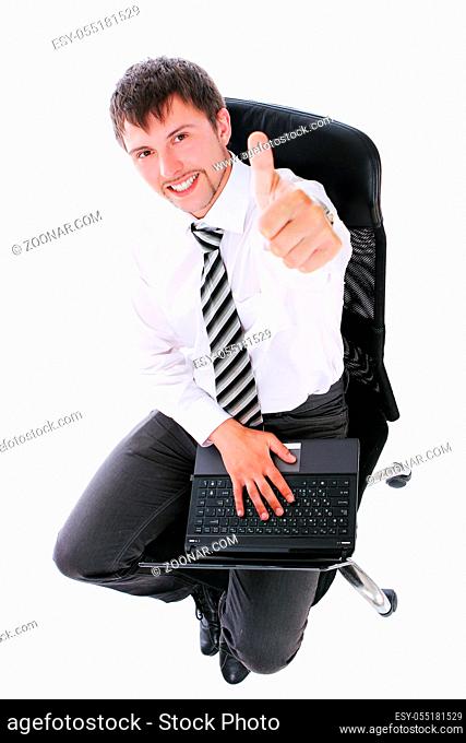 Happy businessman with laptop showing OK sign over white background