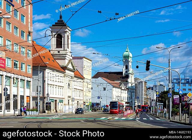 Bratislava (Pressburg), road Spitalska, streetcar, Ladislava church, Alzbety Church in Slovakia