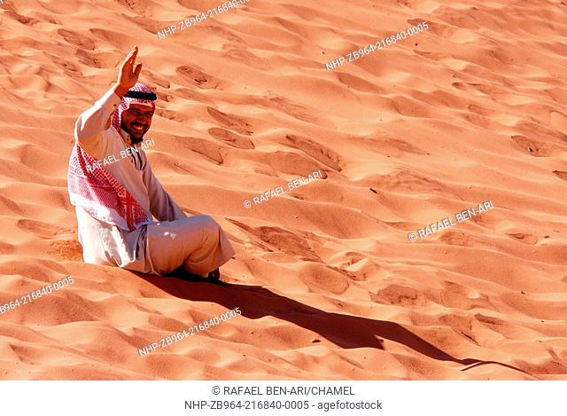 WADI RUM-NOV 10: Jordanian man wearing red Keffiyeh in Wadi Rum, Jordan on November 10 2007 It has been used by arabs throughout the centuries and was used as a...