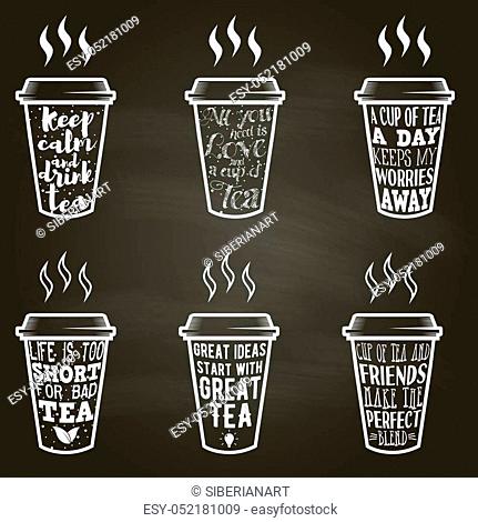 Vector set of paper cups with tea quotes and sayings lettering, Vecteur de  Stock, Vecteur et Image Low Budget Royalty Free. Photo ESY-052181009 |  agefotostock