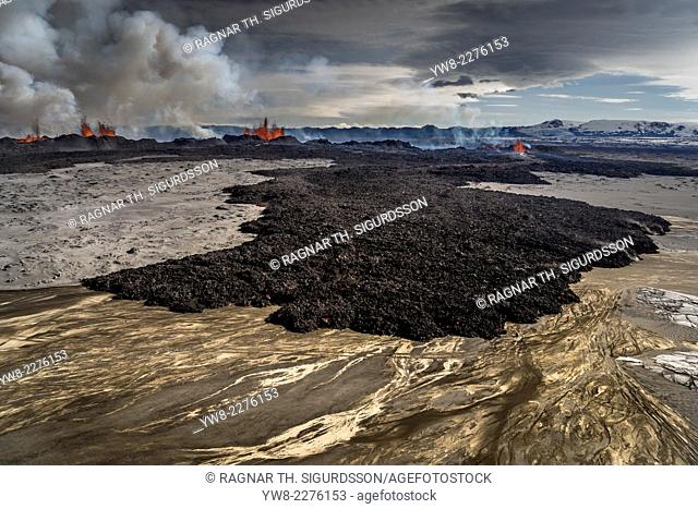 Lava and plumes from the Holuhraun Fissure by the Bardarbunga Volcano, Iceland. August 29, 2014, a fissure eruption started in Holuhraun at the northern end of...