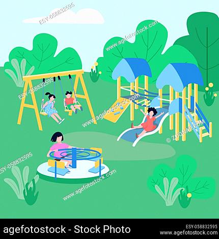 Children play zone flat color vector illustration. Boys and girls having fun outdoors, preschoolers relaxing on playground 2D cartoon characters with trees and...