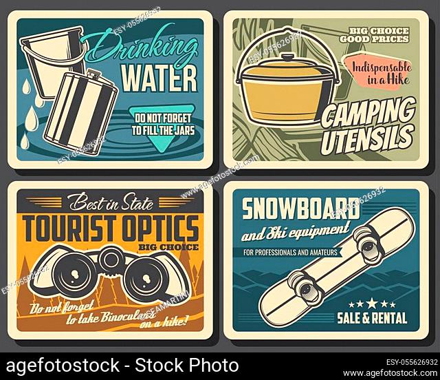 Travel camping and hiking equipment shop, vintage vector posters. Hiking, mountaineering outdoor camp travel utensil. Snowboard, binoculars