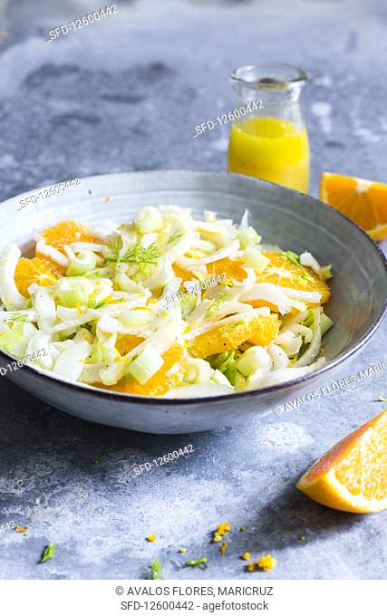 A plate with a salad with oranges, fennel and celery, dressed with orange vinaigrette