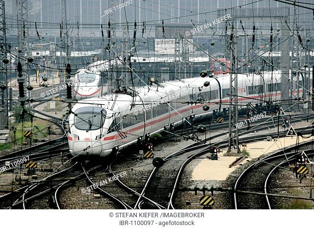 ICE train of the Deutsche Bahn AG on the trackage near Munich central station, Bavaria, Germany, Europe