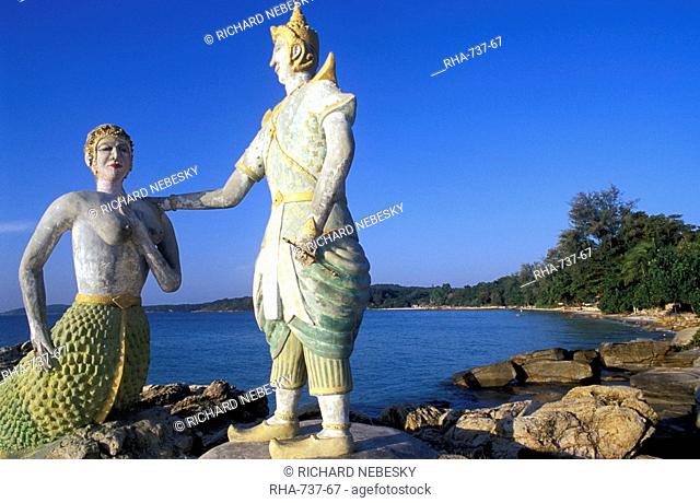 Statue of prince and mermaid from epic Phra Aphaimani by Sunthorn Phu on the coast at Hat Sai Kaew beach, Ko Samet island, Rayong, Thailand, Southeast Asia