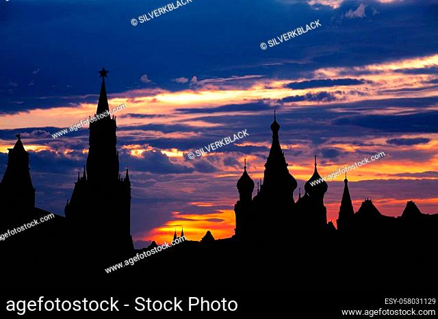 Gorgeous sunset on Moscow historical center Red Square and Kremlin tower silhouette in Russian capital