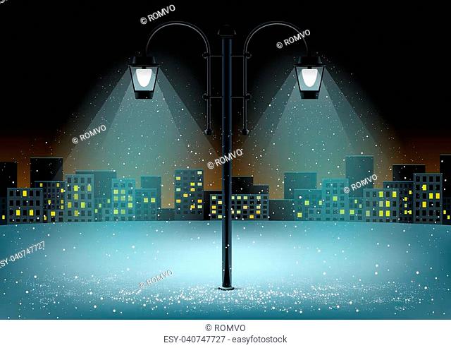 Electric pillar and falling snow in lamps lights. Christmas snowflakes falls on night city background