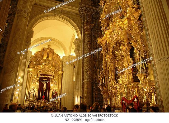 Interior of the Iglesia Colegial del Divino Salvador. El Divino Salvador Collegiate Church. View of the lateral nave with the altarpiece of Cristo del Amor –on...
