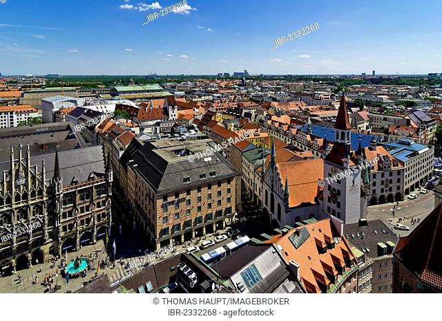View from St. Peter's Church, Alter Peter, to Marienplatz square and the New Town Hall, Munich, Upper Bavaria, Bavaria, Germany, Europe