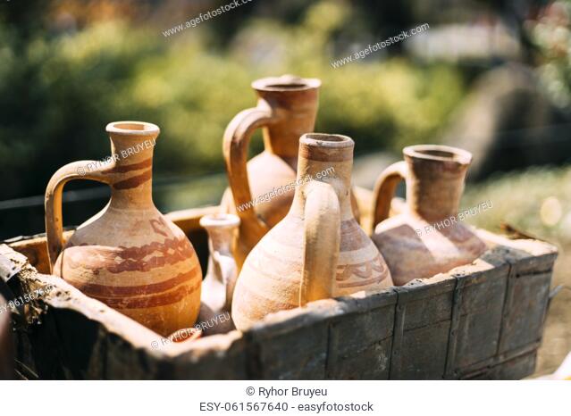 Set Of Traditional Georgian Clay Wine Jugs. Oriental Handmade Clay Jugs For Wine. Georgian Traditional Clay Vessel For Wine