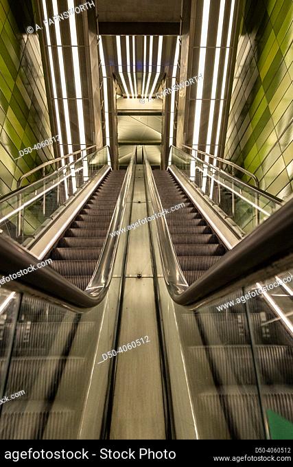 Copenhagen, Denmark An interior escalator in the Copenhagen Metro