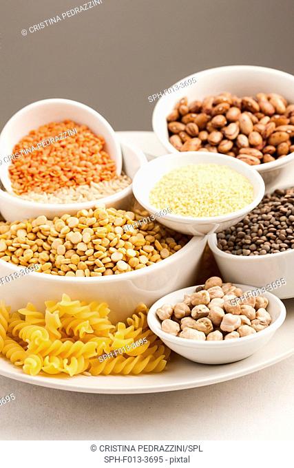 Selection of dried foods, grains and pulses