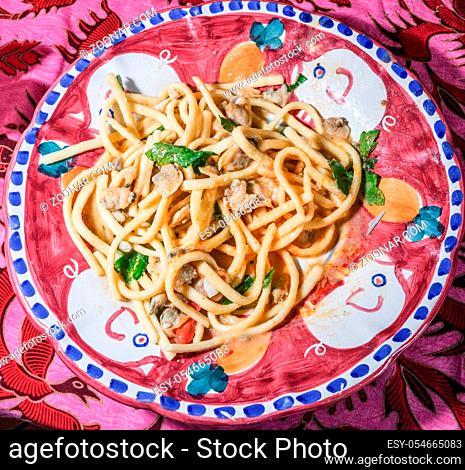 Scialatielli pasta with seafood mix on the plate