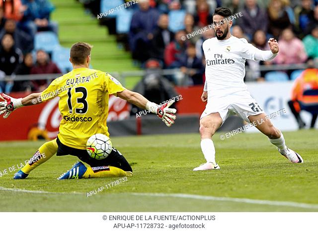 2016 La Liga Football Getafe CF v Real Madrid Apr 16th. 16.04.2016. Madrid, Spain. Francisco Roman Alarcon (22) Real Madrid scoring his team's 2nd goal past...