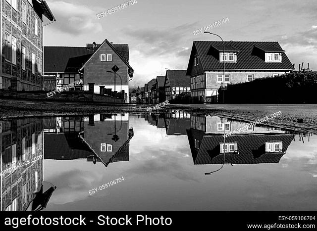 Reflection of houses at Herleshausen in Hesse Germany