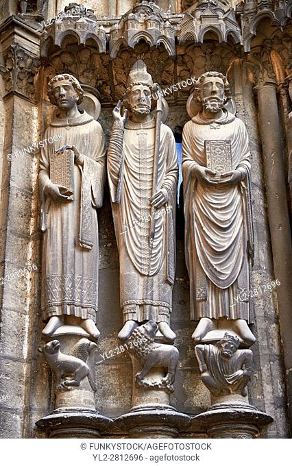 Gothic statues from the North porch of Cathedral of Chartres, France. . A UNESCO World Heritage Site