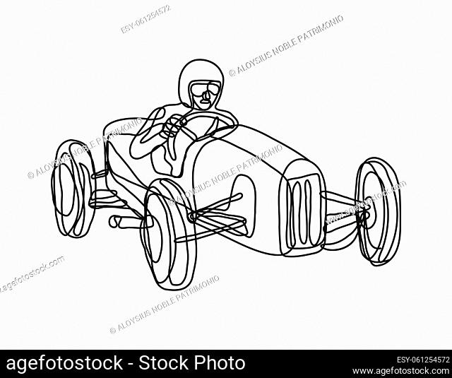Continuous line drawing illustration of a vintage race car driver done in sketch or doodle style