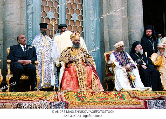 The re-burial of emperor Haile Selassie, 25 years after his death: Prince Jacob and Patriarch Abune Paulos at Baata Maria Church