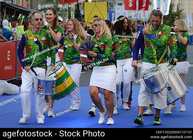 Brazilian drumming group Tam Tam Batucada ahead of the 2022 Adidas Women's 5km running race on September 3, 2022 in Prague. (CTK Photo/Petr Malina)