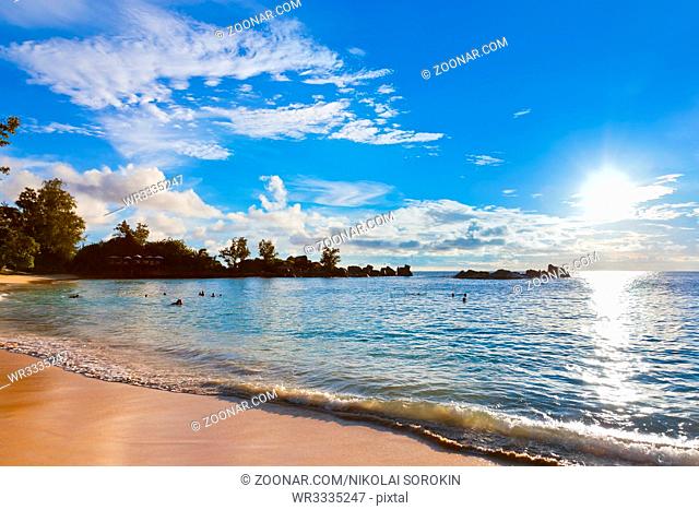Seychelles tropical beach at sunset - nature background