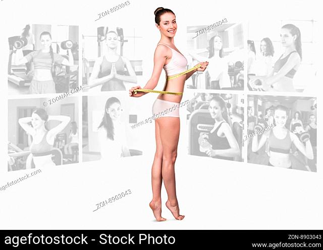 Woman foreground and collage of fitness girls in gym isolated on white background