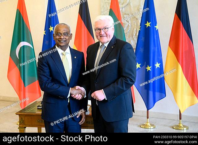 10 March 2023, Berlin: German President Frank-Walter Steinmeier (r) welcomes Ibrahim Mohamed Solih, President of the Republic of Maldives