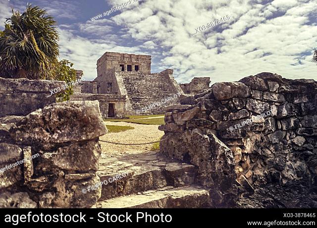 Temple of the frescos in the Mayan complex of Tulum, in Mexico taken during the sunset